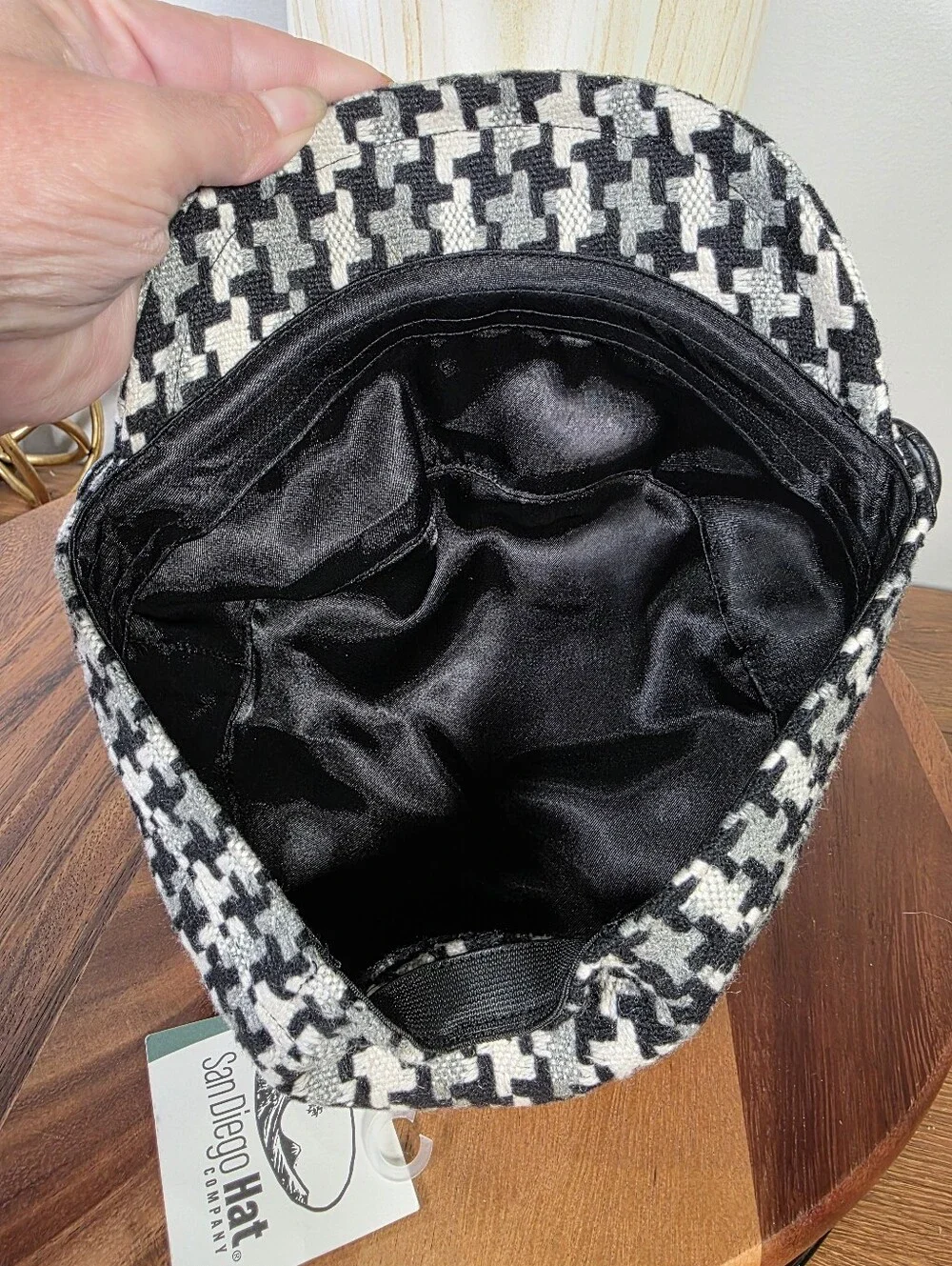 NEW San Diego Hat Company Black & White Houndstooth Cadet Hat Faux-Leather Band